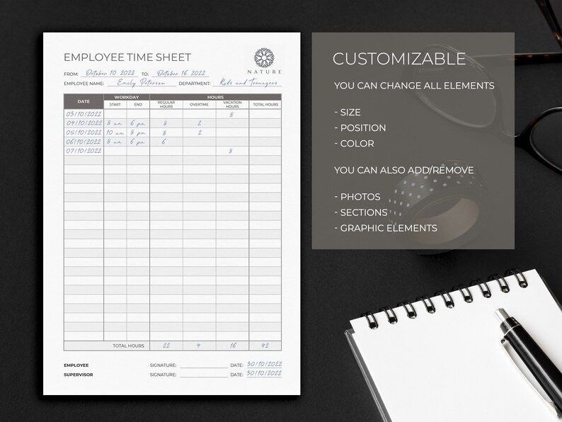 Employee Time Sheet Monthly Editable and Printable Time Card Work Hours