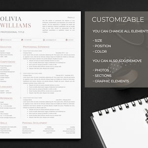 May include: A customizable resume template with a pink and white color scheme. The template includes sections for education, professional experience, competencies, languages, references, and skills. The text "CUSTOMIZABLE" is displayed in a black box with white text. The text "YOU CAN CHANGE ALL ELEMENTS" is displayed below the text "CUSTOMIZABLE". The text "YOU CAN ALSO ADD/REMOVE" is displayed below the text "YOU CAN CHANGE ALL ELEMENTS". The text "PHOTOS, SECTIONS, GRAPHIC ELEMENTS" is displayed below the text "YOU CAN ALSO ADD/REMOVE".