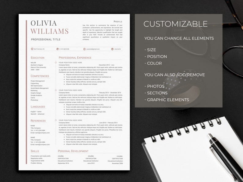 May include: A customizable resume template with a pink and white color scheme. The template includes sections for education, professional experience, competencies, languages, references, and skills. The text "CUSTOMIZABLE" is displayed in a black box with white text. The text "YOU CAN CHANGE ALL ELEMENTS" is displayed below the text "CUSTOMIZABLE". The text "YOU CAN ALSO ADD/REMOVE" is displayed below the text "YOU CAN CHANGE ALL ELEMENTS". The text "PHOTOS, SECTIONS, GRAPHIC ELEMENTS" is displayed below the text "YOU CAN ALSO ADD/REMOVE".