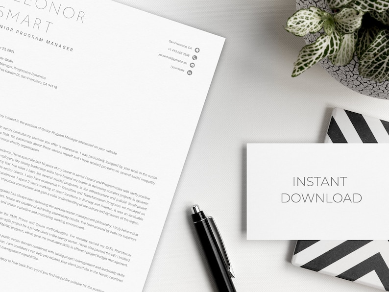 May include: A professional resume template with the name "Eleanor Smart" and the title "Senior Program Manager" is displayed on a white surface. A business card with "Instant Download" text is next to a pen and a small potted plant.