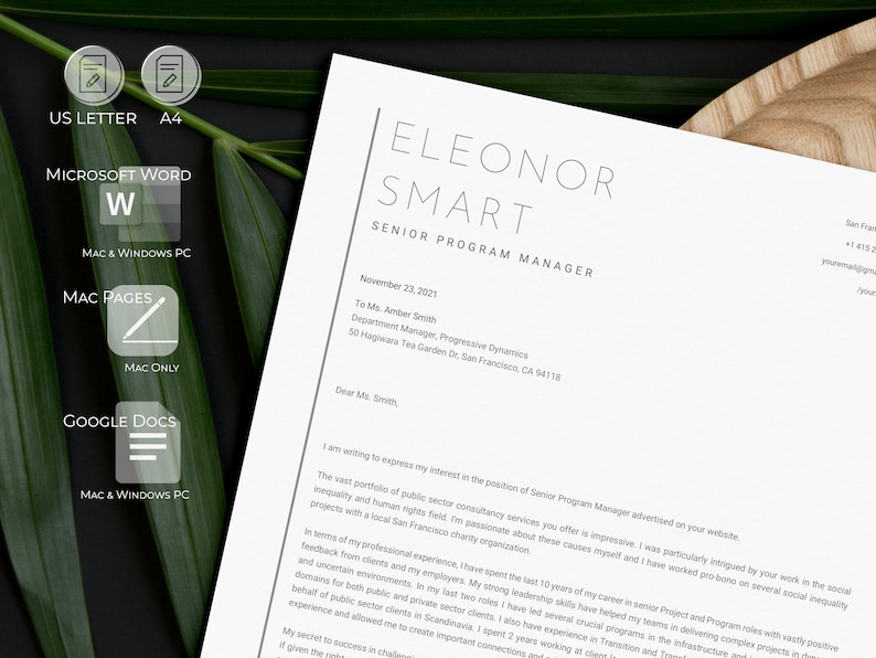May include: A resume titled "Eleonor Smart, Senior Program Manager" is displayed on a white sheet of paper. Icons for US Letter, A4, Microsoft Word, Mac Pages, and Google Docs are visible. The resume is against a dark green background.