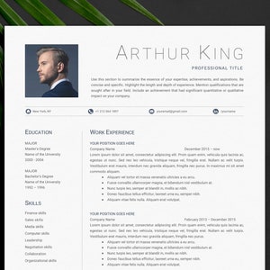 May include: A black and white resume template with a professional headshot of a man in a suit. The resume includes sections for education, work experience, and skills. The text on the resume is in a simple, clean font.