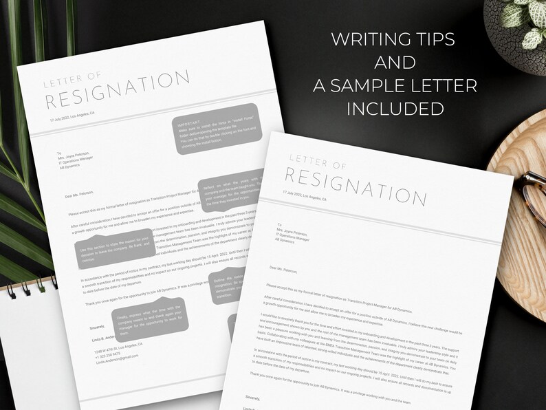 May include: A sample resignation letter with writing tips included. The letter is formatted with a professional and modern design.