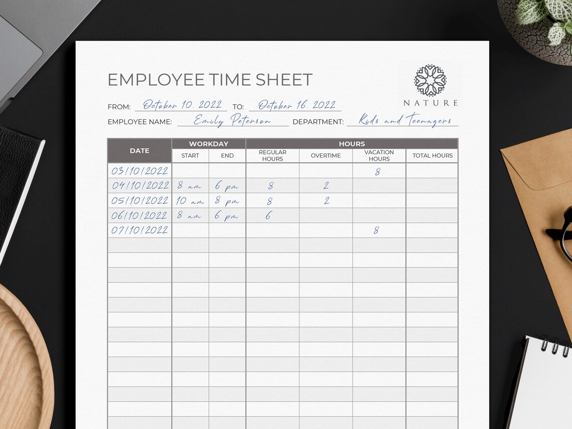 Employee Time Sheet Monthly Editable and Printable Time Card Work Hours