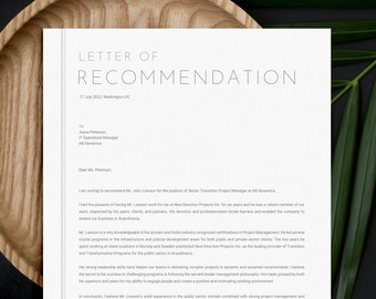 Professional Letter of Recommendation Template | Job Referral Letter | Recommendation Letter | Job Reference | Job Application