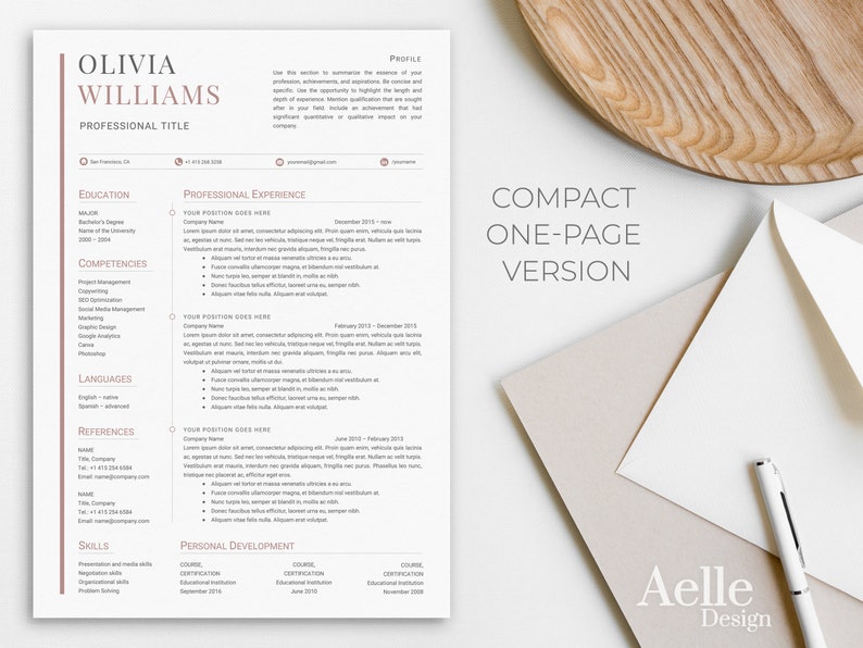 May include: A resume template with a pink and gray color scheme. The template is designed for a compact one-page version. The resume includes sections for education, competencies, languages, references, skills, and personal development.