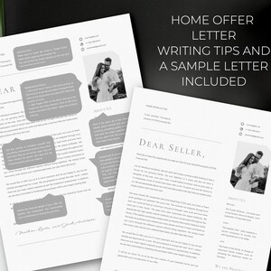 May include: Two printed home offer letter templates with the text "HOME OFFER LETTER WRITING TIPS AND A SAMPLE LETTER INCLUDED." The letters have a minimalist design with a photo of a couple. The text "DEAR SELLER" is visible.