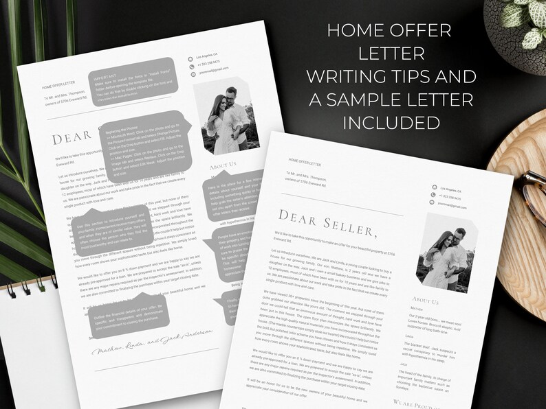 May include: Two printed home offer letter templates with the text "HOME OFFER LETTER WRITING TIPS AND A SAMPLE LETTER INCLUDED." The letters have a minimalist design with a photo of a couple. The text "DEAR SELLER" is visible.