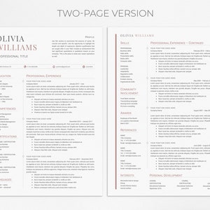 May include: A two-page resume template with a pink and gray color scheme. The resume is for Olivia Williams, who has a professional title, education, professional experience, competencies, certifications, languages, community involvement, awards, references, interests, and personal development sections.