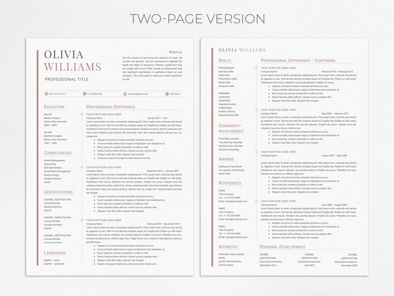 May include: A two-page resume template with a pink and gray color scheme. The resume is for Olivia Williams, who has a professional title, education, professional experience, competencies, certifications, languages, community involvement, awards, references, interests, and personal development sections.