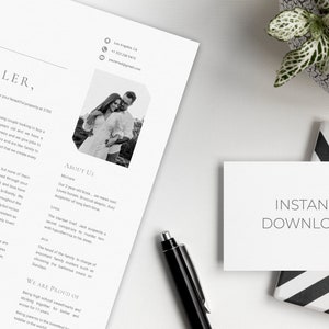 May include: A professional real estate letter with a black pen, a small potted plant, and a card that says "INSTANT DOWNLOAD". The letter includes a photo of a couple and the words "Dear Seller".