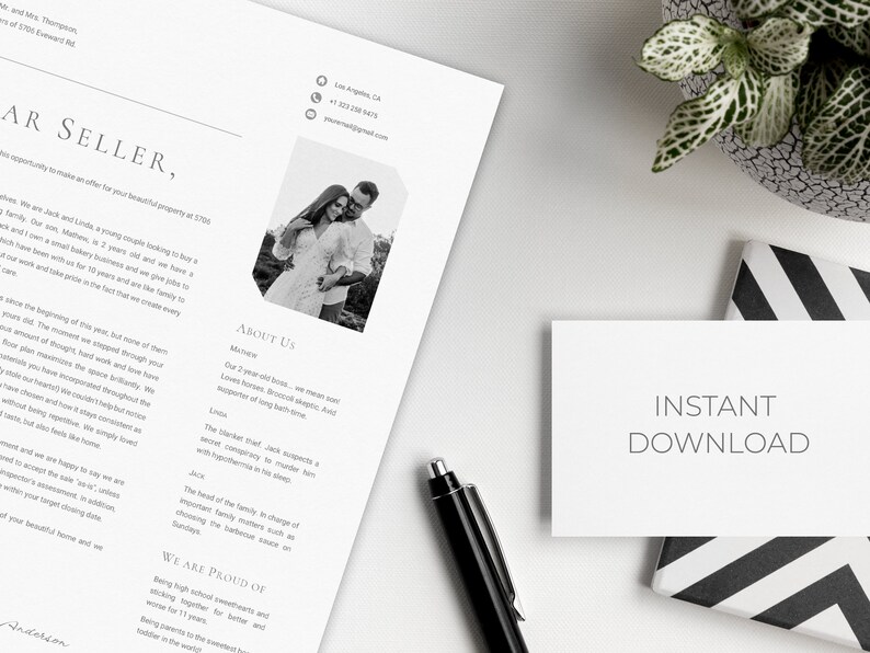 May include: A professional real estate letter with a black pen, a small potted plant, and a card that says "INSTANT DOWNLOAD". The letter includes a photo of a couple and the words "Dear Seller".