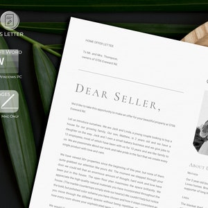 May include: A printed home offer letter on white paper with the text "DEAR SELLER" in a serif font. The letter includes contact information, a black and white photo, and the text "ABOUT US". Icons for A4 and US Letter sizes are visible.