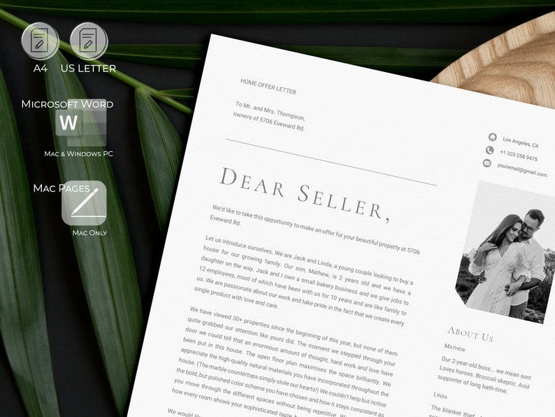 May include: A printed home offer letter on white paper with the text "DEAR SELLER" in a serif font. The letter includes contact information, a black and white photo, and the text "ABOUT US". Icons for A4 and US Letter sizes are visible.