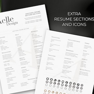 May include: A white resume template with the title "Aelle Design" and the text "Additional Resume Sections and Icons". The template includes sections for education, skills, references, competencies, specializations, languages, licenses and certifications, areas of expertise, community involvement, publications, awards, professional development, qualifications, digital competencies, hobbies, extra, memberships, internships, interests, and notable projects. The template also includes a section for additional icons with icons for social media platforms such as LinkedIn, Facebook, Twitter, Pinterest, and Instagram.