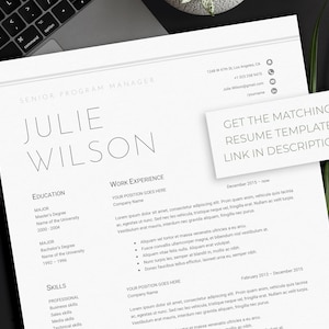 May include: A resume template with the name "JULIE WILSON" at the top. The resume includes sections for education, work experience, and skills. A small card with the text "GET THE MATCHING RESUME TEMPLATE! LINK IN DESCRIPTION" is on top.