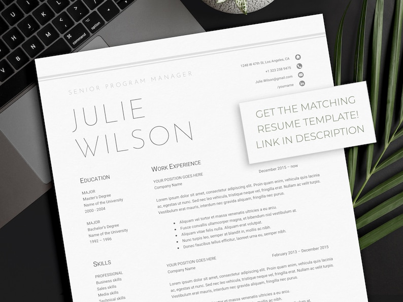 May include: A resume template with the name "JULIE WILSON" at the top. The resume includes sections for education, work experience, and skills. A small card with the text "GET THE MATCHING RESUME TEMPLATE! LINK IN DESCRIPTION" is on top.
