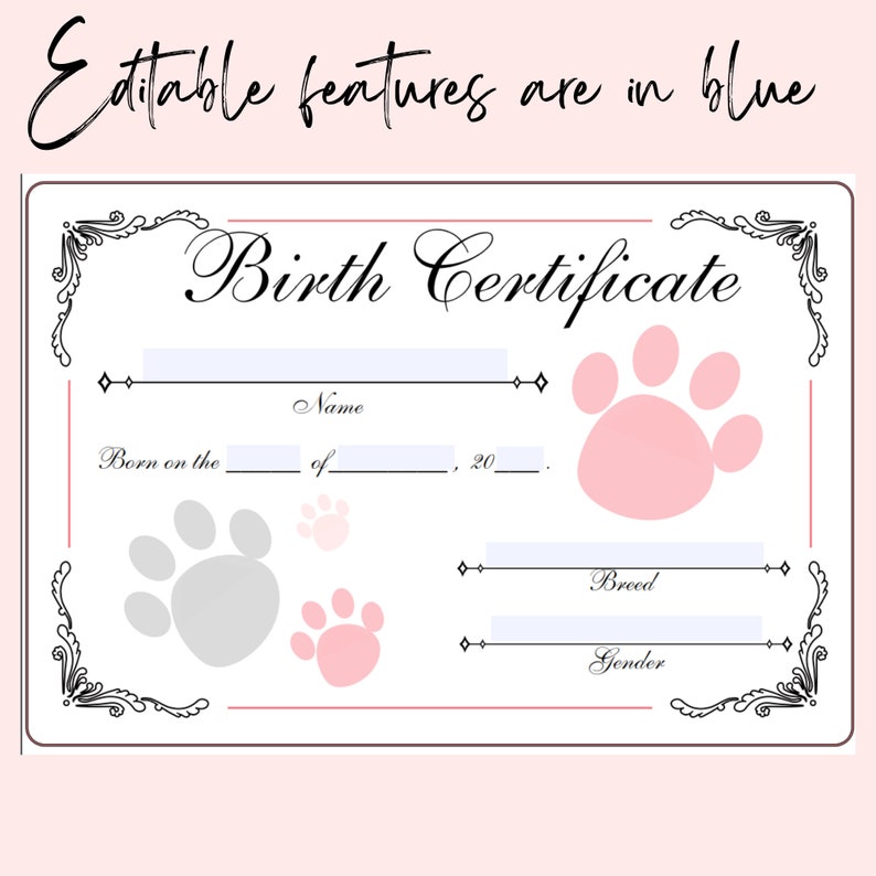 EDITABLE PDF PUPPY Birth Certificate Dog Birth Certificate Etsy