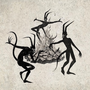 Puede incluir: Tres figuras negras en silueta con cuernos y colas bailando alrededor de un fuego. Las figuras son estilizadas y tienen un aire fantasioso.