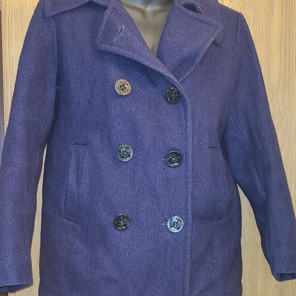 Vintage Blue Pea Coat Navy Blue Double Breasted Womans 10 wool