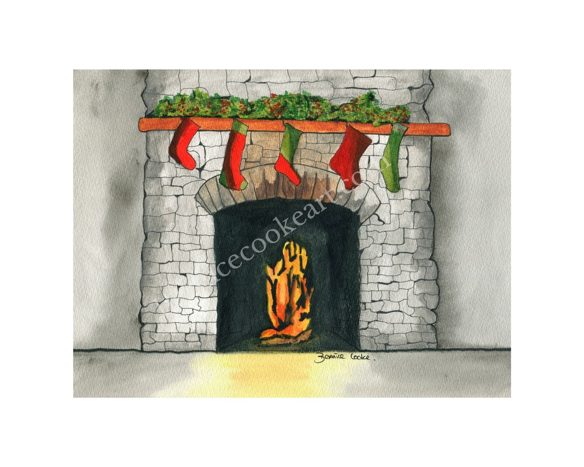 Christmas Past Ein offener Kamin Stift & Aquarell Skizze | Etsy