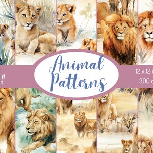 Puede incluir: Un paquete de papel digital con 12 ilustraciones de leones en acuarela. El paquete incluye una variedad de poses de leones, incluyendo un cachorro de león, una leona y un león macho. Las ilustraciones son perfectas para crear proyectos de scrapbooking digital, tarjetas y otras manualidades.