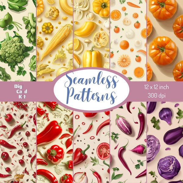 Veggie inspired seamless patterns - 10 Designs - 300 dpi - Digicardkit