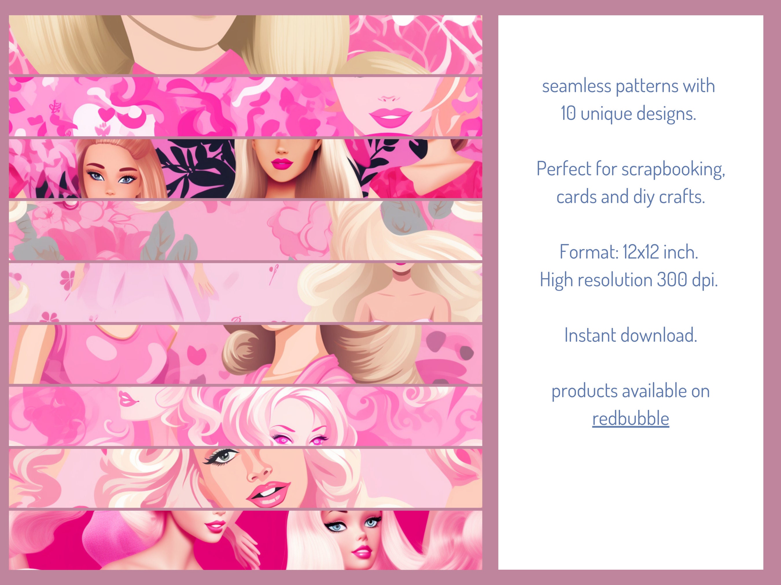 Barbie Inspired Seamless Patterns - 10 Designs - 12x12 Inch - 300 Dpi ...