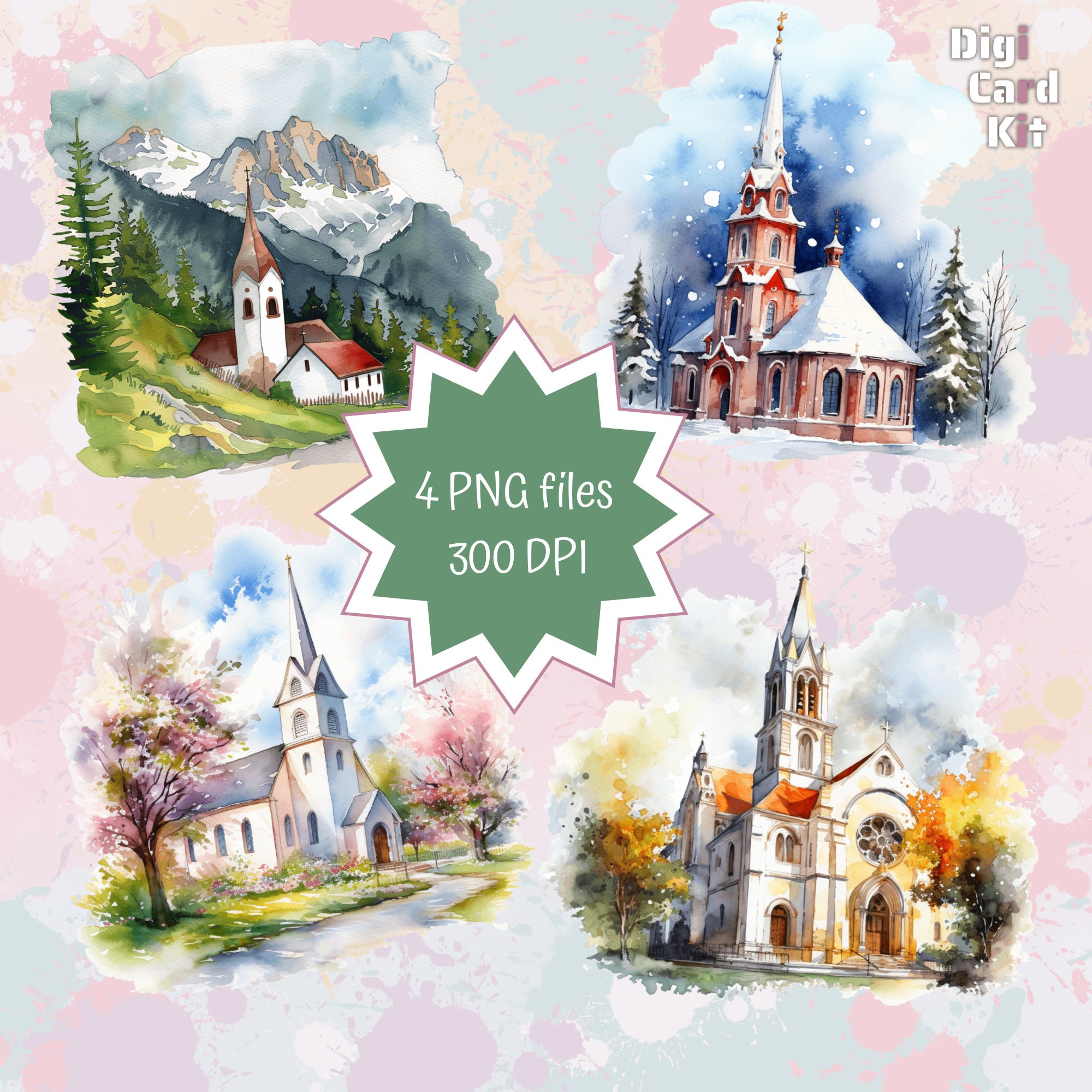 Churches Printable Illustration Instant Download Transparent 300 DPI ...