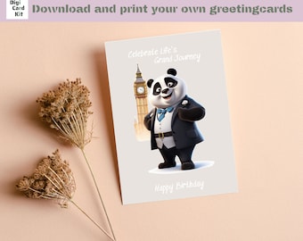 Panda birthday - Instant download and print a global birthday card - digital product