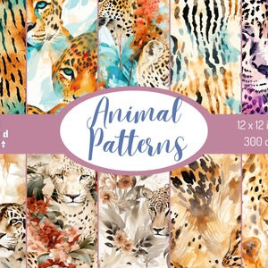 Op de afbeelding: Een set van 8 digitale papierpatronen met aquarel-luipaardprints in verschillende kleuren, waaronder turquoise, paars, oranje en bruin. De patronen zijn 30,5 x 30,5 cm en 300 dpi. "Animal Patterns" staat in een roze banner in het midden van de afbeelding.