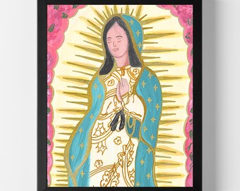 May include: A painting of the Virgin Mary in a blue robe with gold stars, standing in front of a yellow background with gold rays. She is surrounded by pink roses.