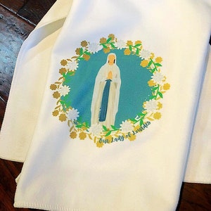 Our Lady of Lourdes Kitchen Towel: Catholic Gift for Mom