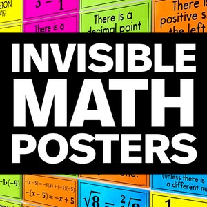 Pode incluir: Um conjunto de cartazes coloridos com as palavras "Invisible Math Posters" em letras brancas grandes. Os cartazes apresentam vários conceitos e equações matemáticas, como sinais de divisão, pontos decimais e sinais negativos.