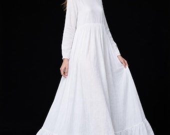 Romantic Linen Dress Long Sleeve Maxi Dress for Women Loose Oversized Boho Wedding Dress Ruffle Hem Linen Long Dress Cottagecore Dress