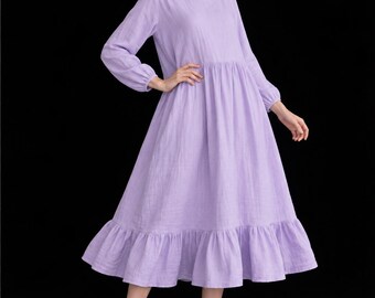 Long Sleeve Linen Dress with Pockest Boho Round Neck Midi Dress Ruffle Hem Kaftan Dress Elegant Modest Oversized Dresses for Women