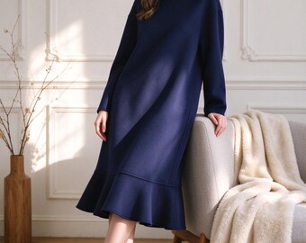 Luxury Blue Wool Dress Long Sleeve Autumn Dress Loose Midi Dress Warm Winter Loungewear Elegant Modest Dress Custom Plus Size Dress