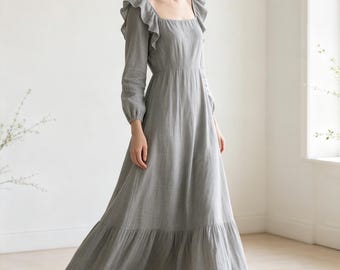 Linen Maxi Dress Square Neck Ruffle Shoulder Elastic Cuff Sleeve Romantic Boho Floor Linen Gown Custom Fit Summer Fall Dresses for Women