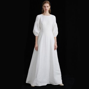 White Linen Maxi Dress Women 3/4 Sleeve A-Line Long Dress Cottagecore Boho Dress Wedding Guest Dress Handmade Gown Custom Spring Fall Dress