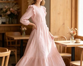 Jesienna sukienka lniana z długim rękawem i falbanką, zwiewna sukienka lniana, sukienka maxi w stylu boho, letnia sukienka jesienna, elegancka suknia ślubna dla kobiet