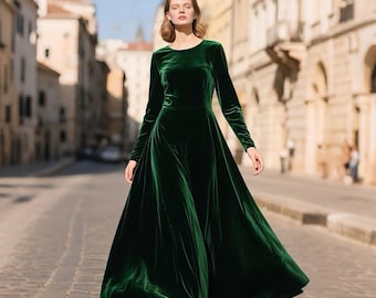 Green Velvet Maxi Dress for Women Long Sleeve Floor Length Formal Gown Elegant Evening Dress Fall Winter Dress Wedding Guest Holiday Outfit