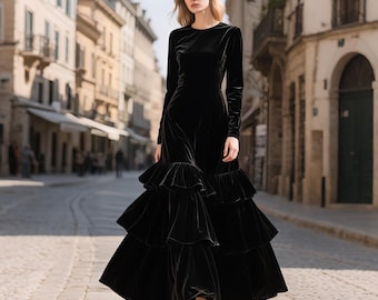 Black Velvet Maxi Dress Women Long Sleeve Dress Tiered Ruffle Hem Elegant Evening Gown Modest Formal Party Dress Winter Wedding Guest Dress