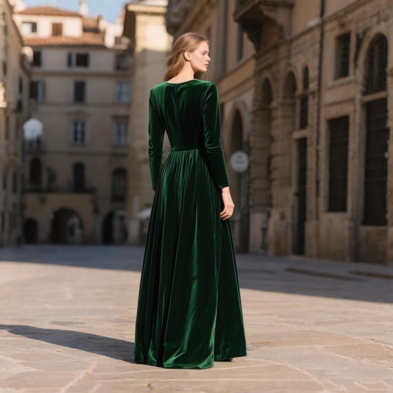 Green Velvet Maxi Dress Fall Winter Dress Women Long Sleeve Dress Evening Gown Floor Length Modest Dress Wedding Guest Christmas Party Dress