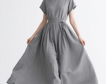 Linen Maxi Dress Short Sleeve Flowy Dress with Waist Tie Minimalist Round Neck Summer Fall Dress Modest Linen Swing Dress Women Custom Dress