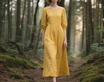 Romantic Linen Midi Dress Round Neckline Puff Sleeve Dress Vintage A-Line Dress Women Summer Boho Dress Custom Linen Dress Cottagecore Dress