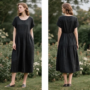 Linen Midi Dress with Pockets Short Sleeve Tiered Linen Dress for Women Loose Summer Fall Clothing Casual Boho Vacation Outfit Custom Dress
