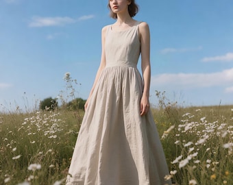 Linen Maxi Dress with Belt Sleeveless Round Neck A-Line Summer Fall Dress Cottagecore Linen Sundress Flowy Dress Prairie Dress Custom Dress