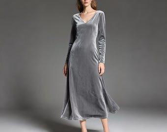 chinese dress ladies Cowl Neck Grey Velvet Slit Column Floor Length Prom Bridesmaid Dress
