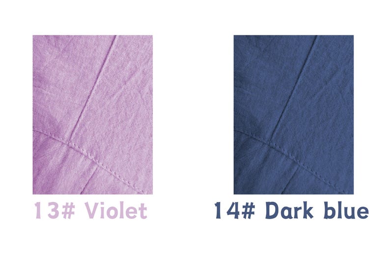 May include: Two fabric swatches, one violet and one dark blue, with visible stitching. The violet swatch is labeled "13# Violet" and the dark blue swatch is labeled "14# Dark blue". The fabric appears to be linen or a similar material.