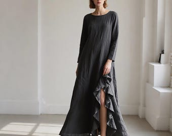 Vestido largo de lino suelto con abertura con volantes, hecho a mano, minimalista, para mujer, primavera, verano y otoño, largo, personalizado.